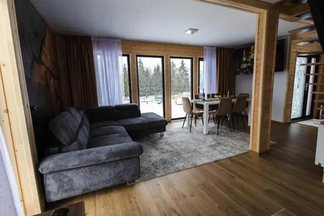 Living open-space cu canapea extensibilă și zonă de dining